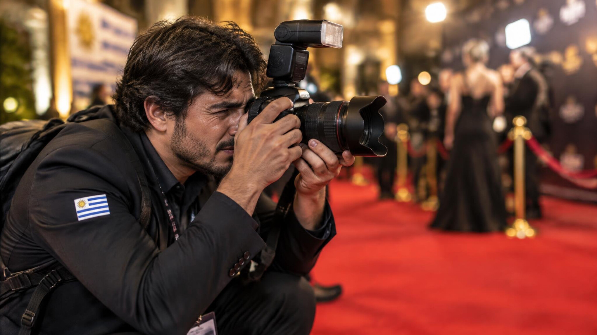 Photographer covering a celebrity press event with a professional camera