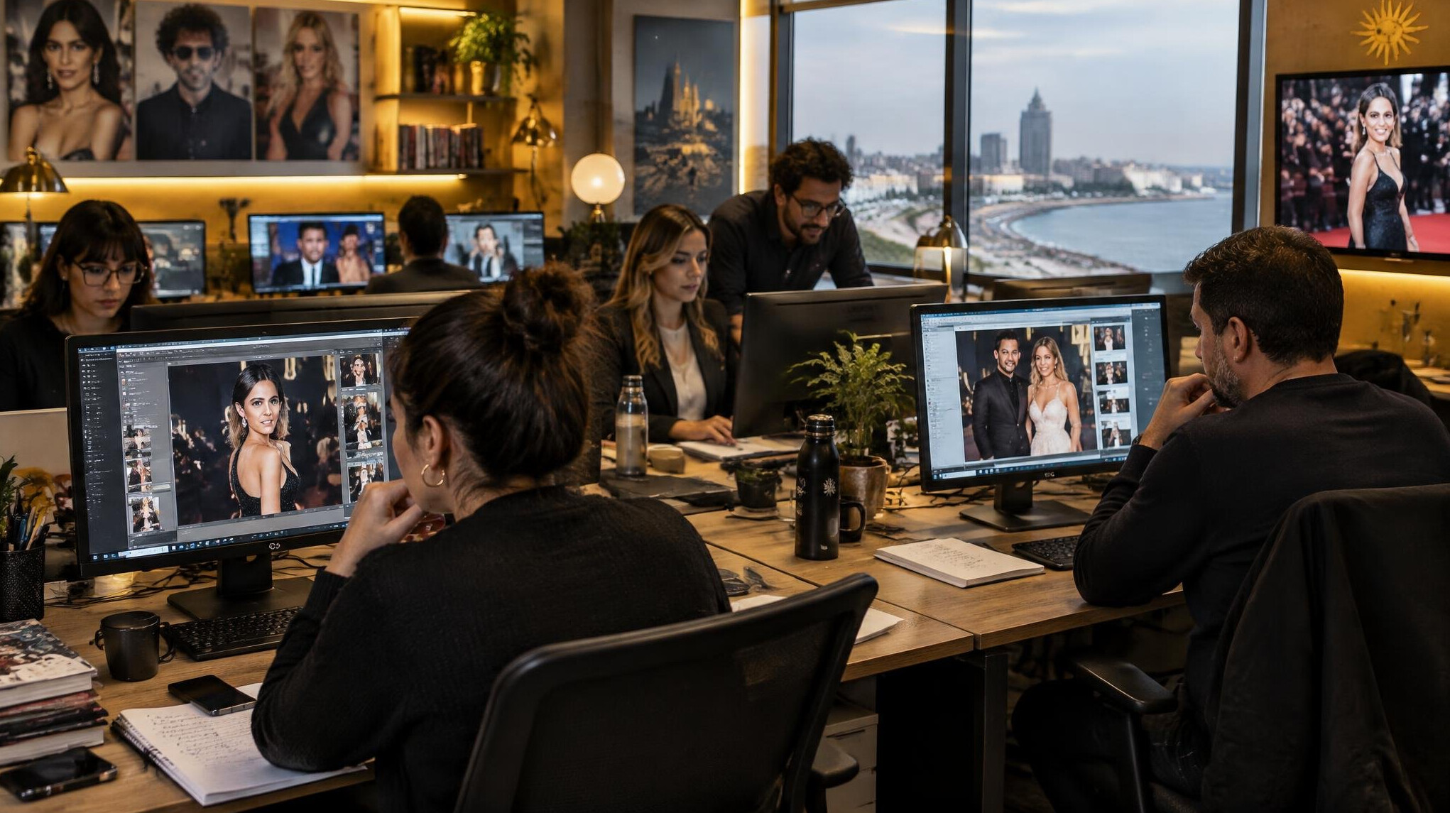 Editorial team working in a modern newsroom with monitors and photos